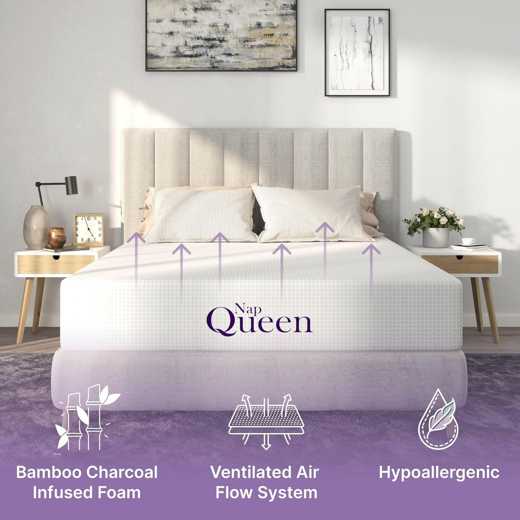 Nap Queen mattress front view with side tables